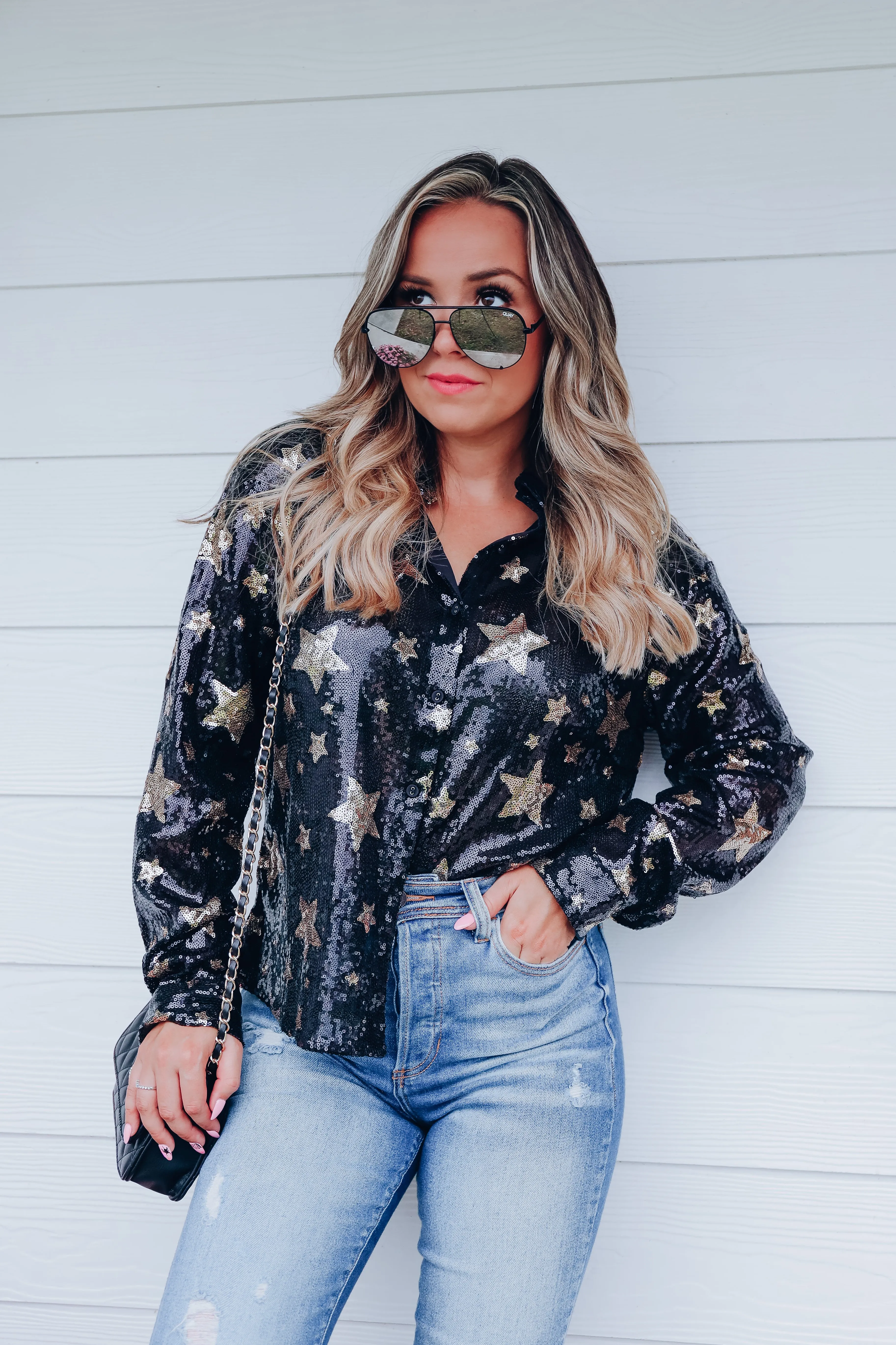 Midnights Sequin Star Print Button Up Blouse