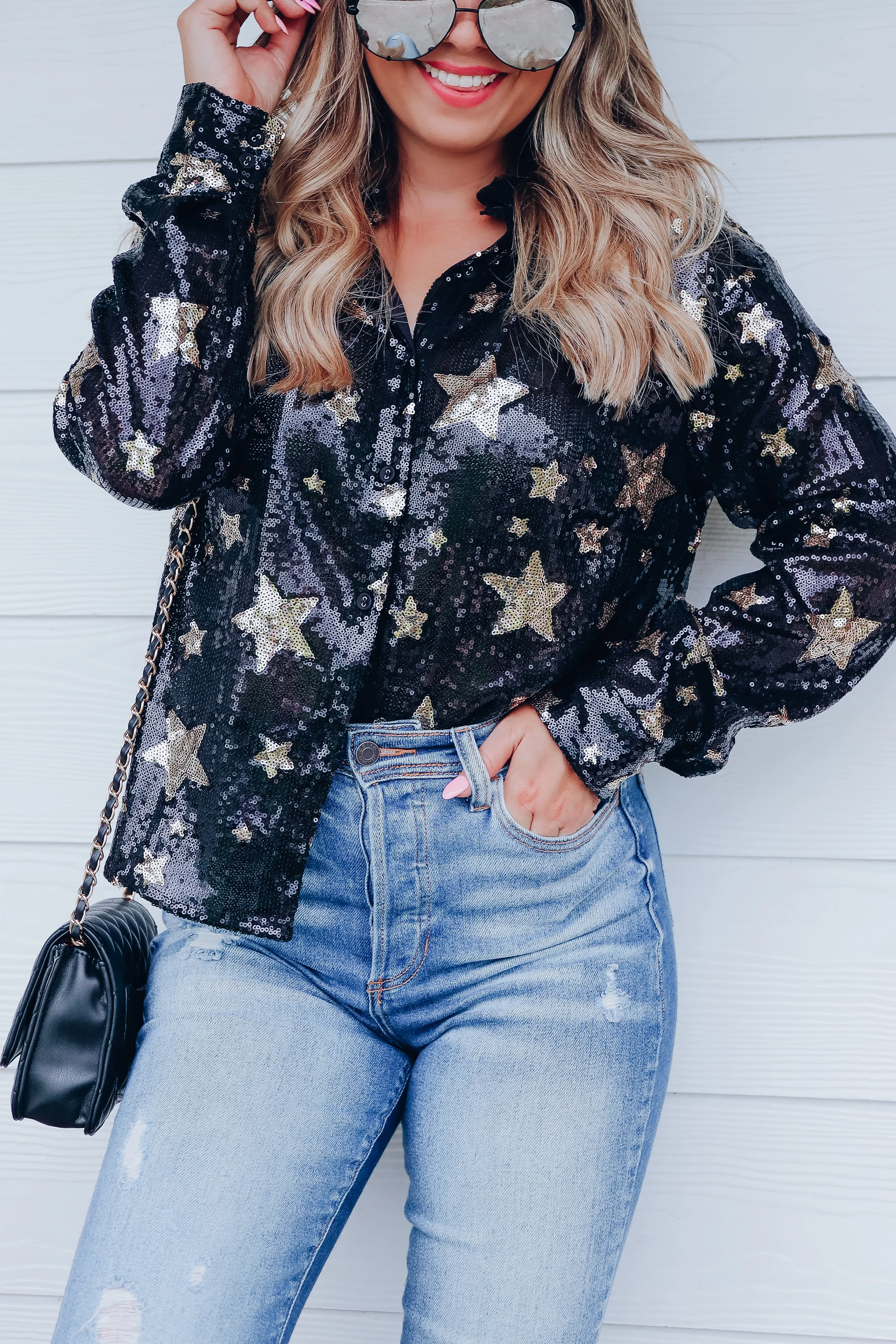 Midnights Sequin Star Print Button Up Blouse