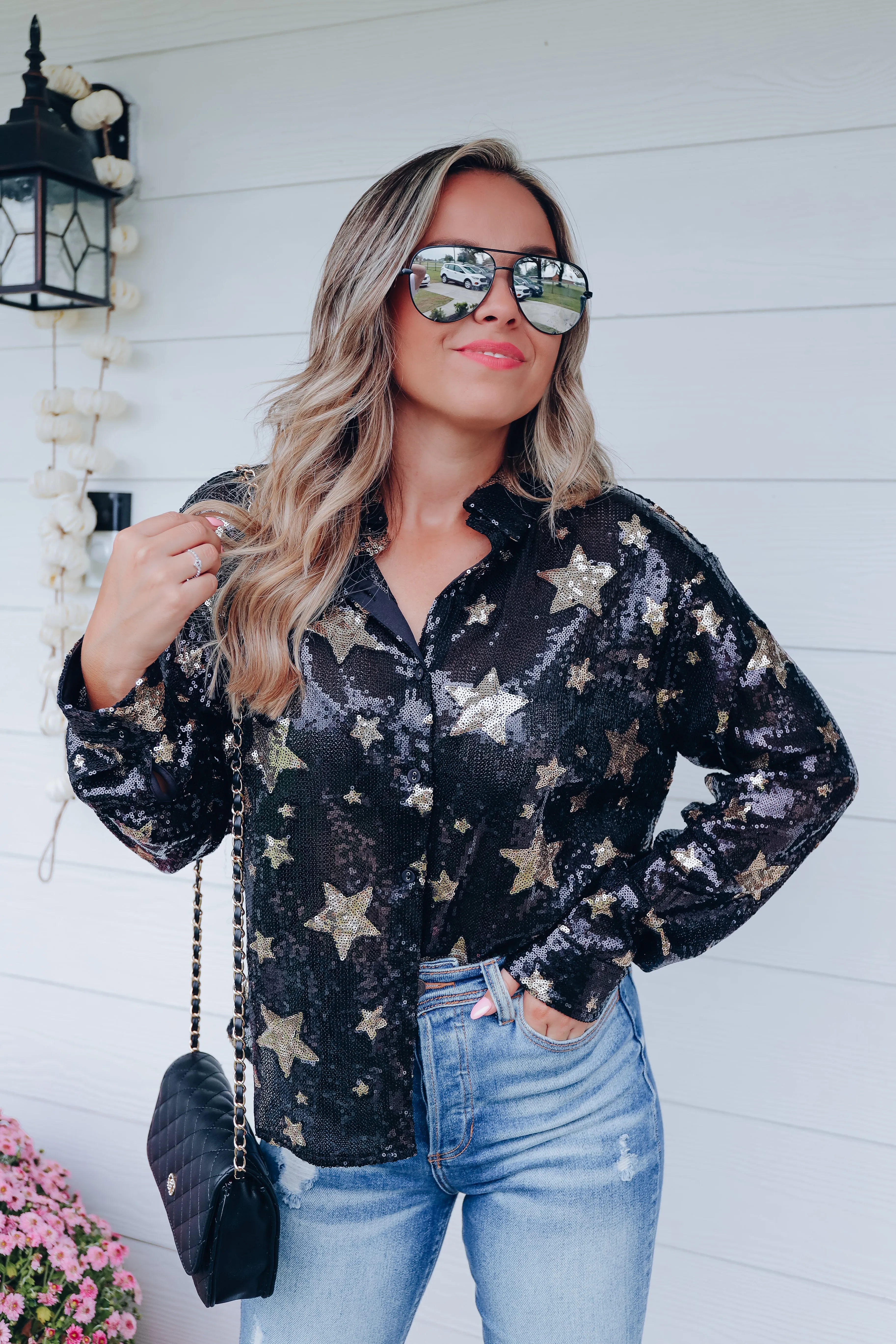 Midnights Sequin Star Print Button Up Blouse