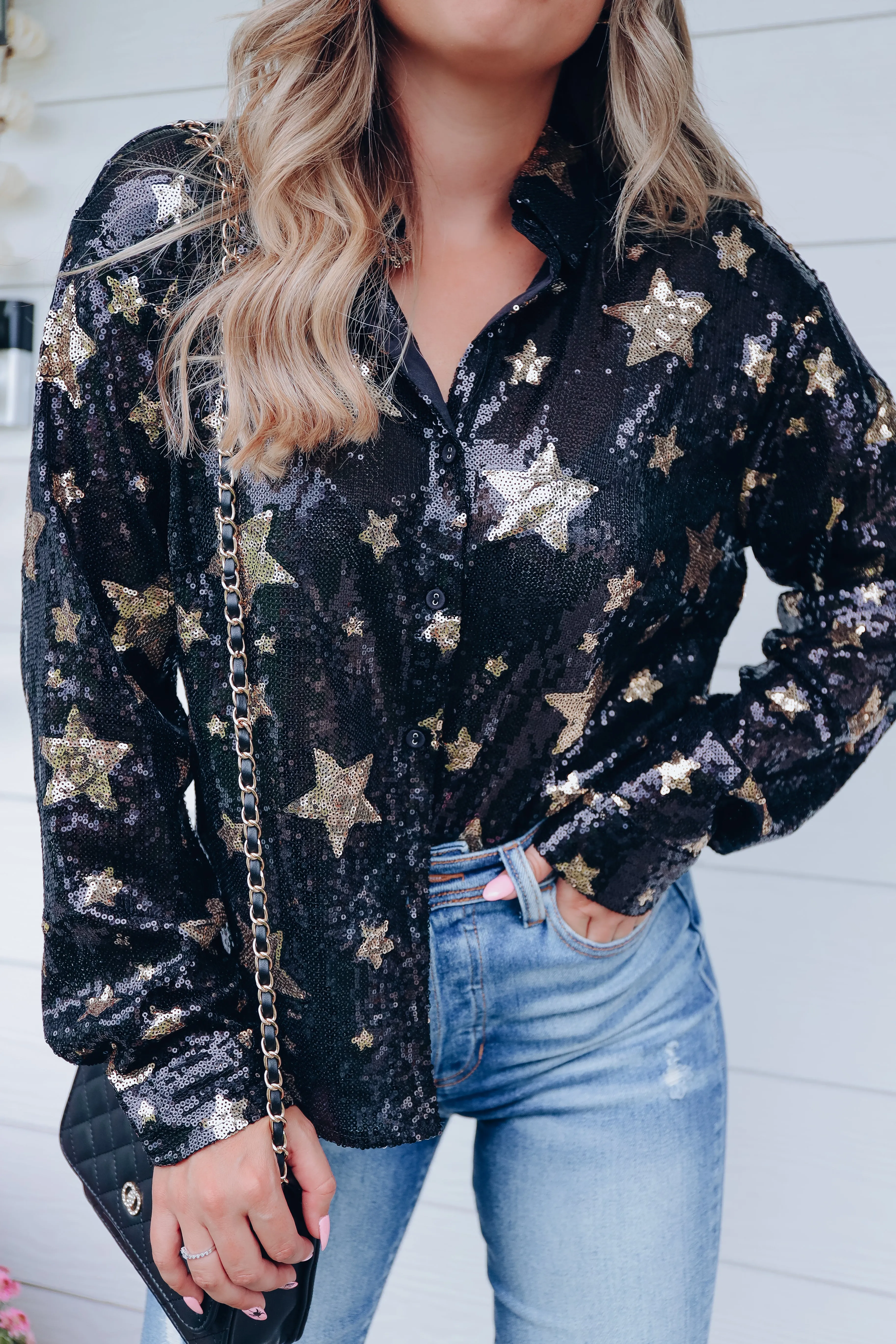 Midnights Sequin Star Print Button Up Blouse