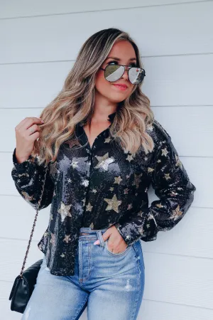 Midnights Sequin Star Print Button Up Blouse