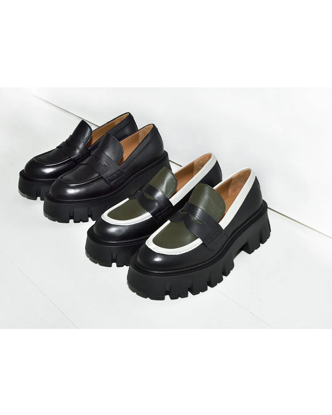 Mikki Black Khaki Leather Chunky Loafers