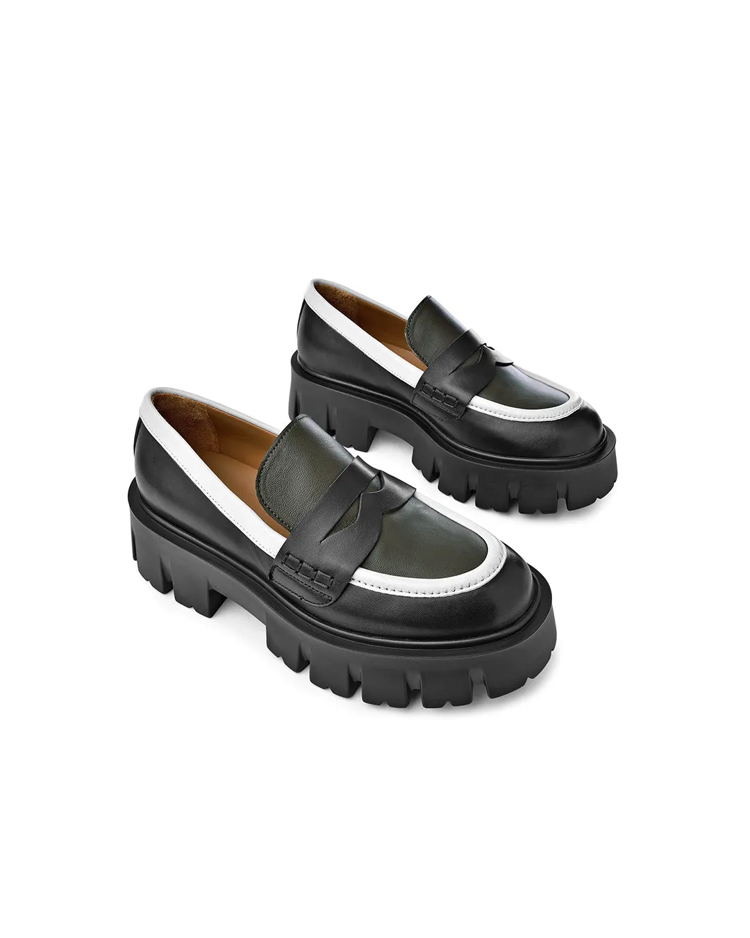 Mikki Black Khaki Leather Chunky Loafers