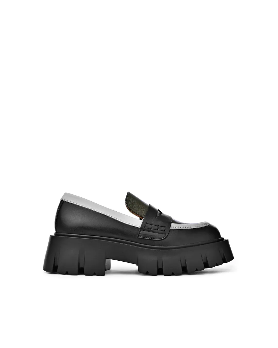 Mikki Black Khaki Leather Chunky Loafers