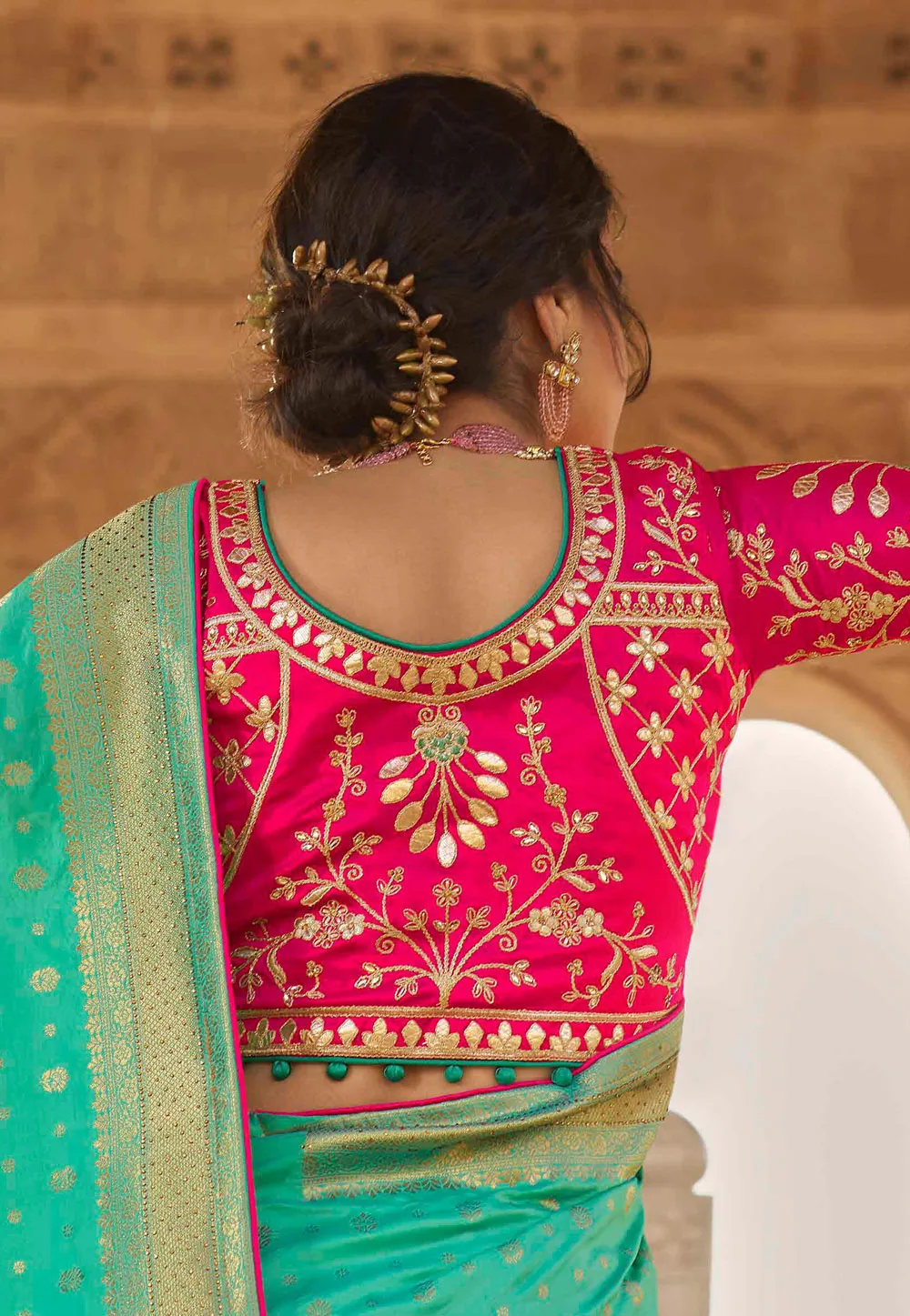 Mint Green And Pink Embroidered Wedding Saree