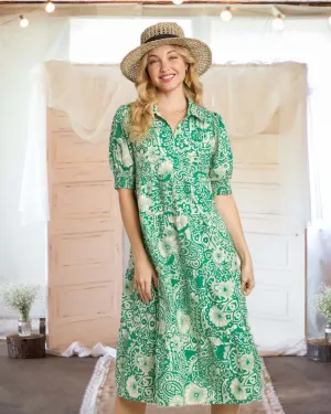 Moment in Time Mixed Print Puff Sleeve Tiered Midi Dress in Green - Misses and Curvy