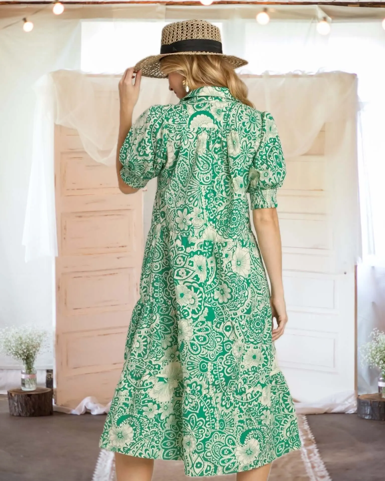 Moment in Time Mixed Print Puff Sleeve Tiered Midi Dress in Green - Misses and Curvy