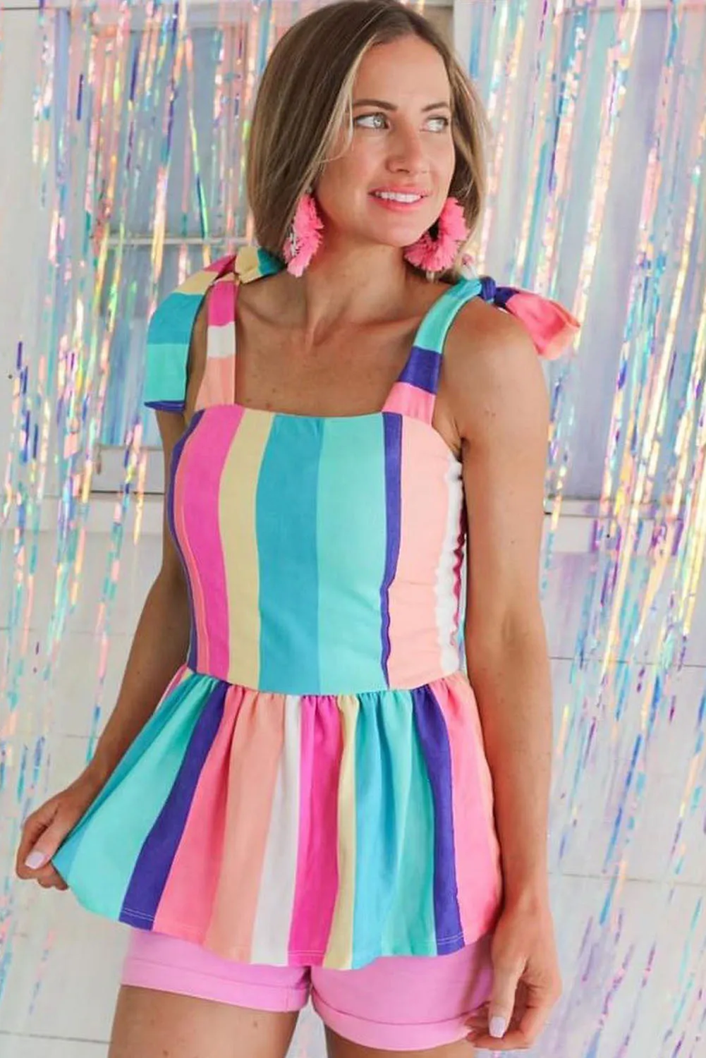 Multicolor Color Block Striped Bow Knot Straps Maxi Dress