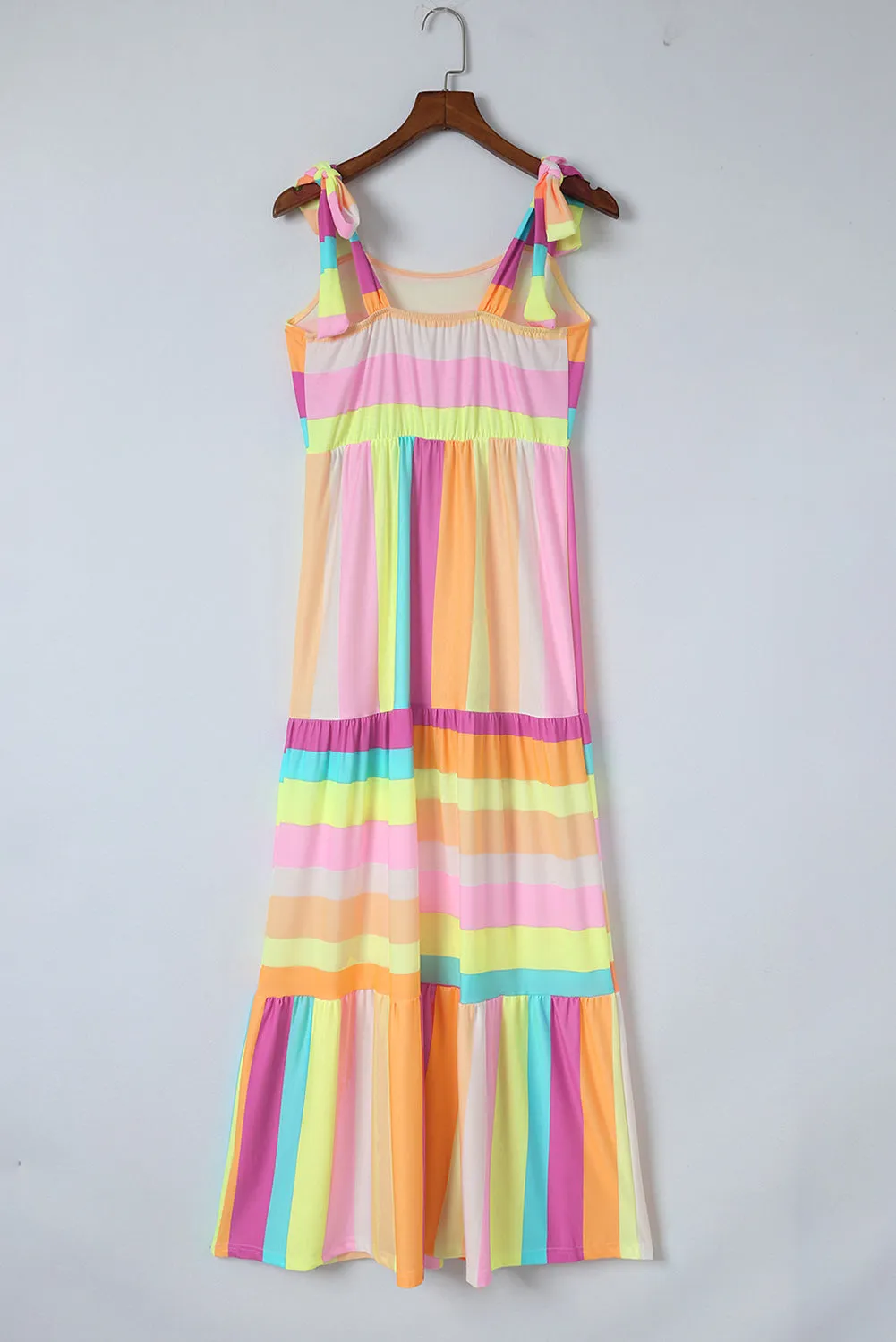 Multicolor Color Block Striped Bow Knot Straps Maxi Dress