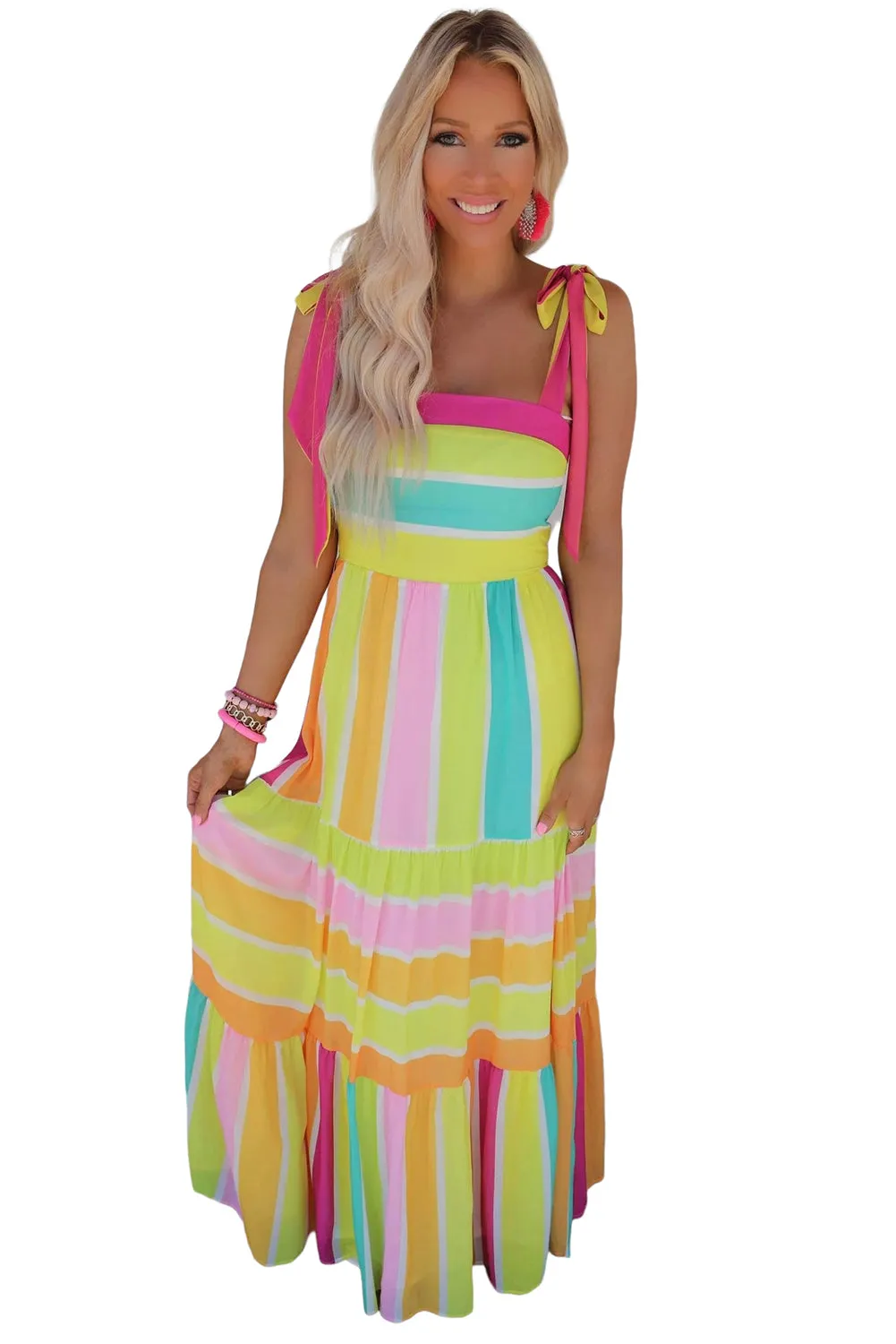 Multicolor Color Block Striped Bow Knot Straps Maxi Dress