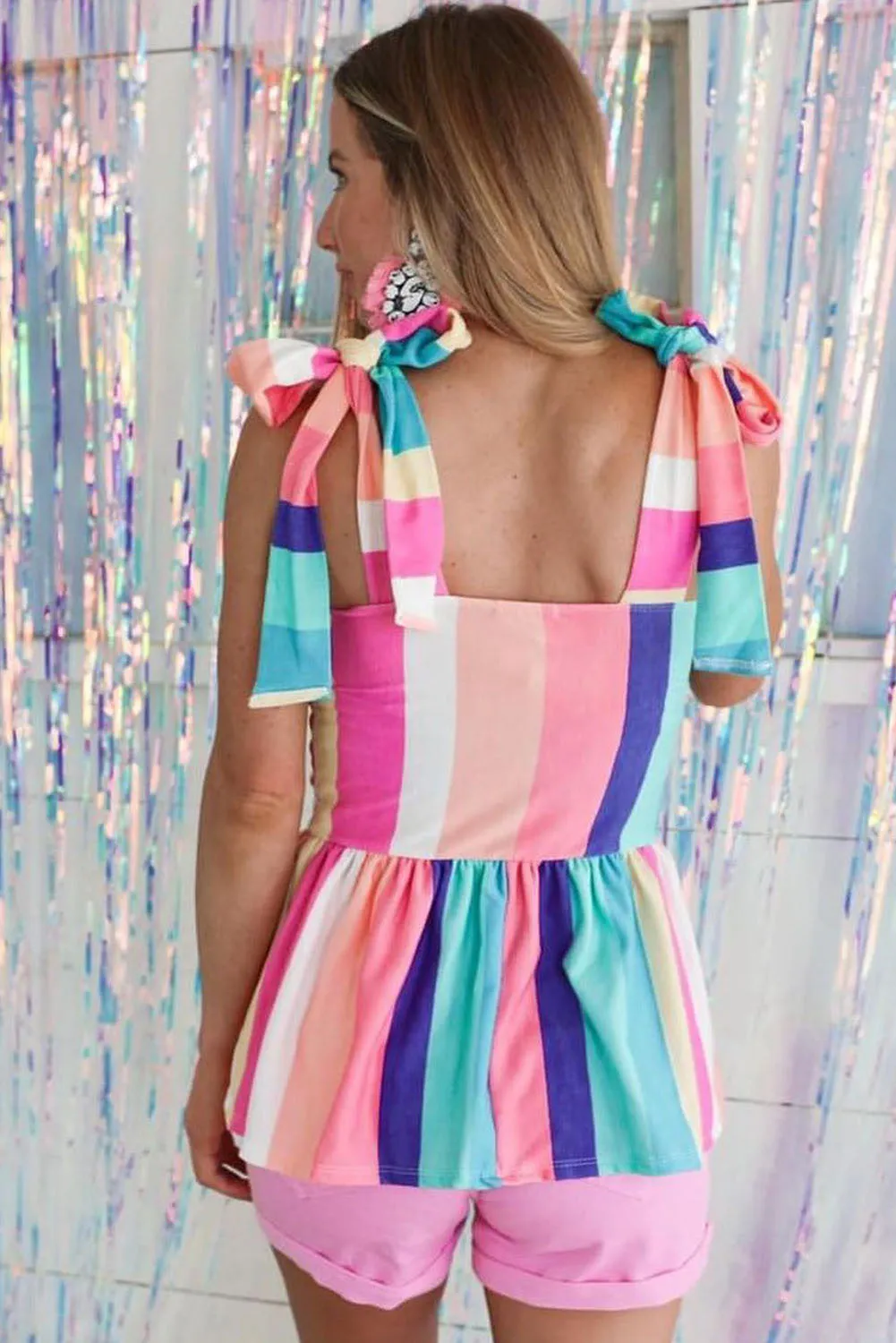Multicolor Color Block Striped Bow Knot Straps Maxi Dress