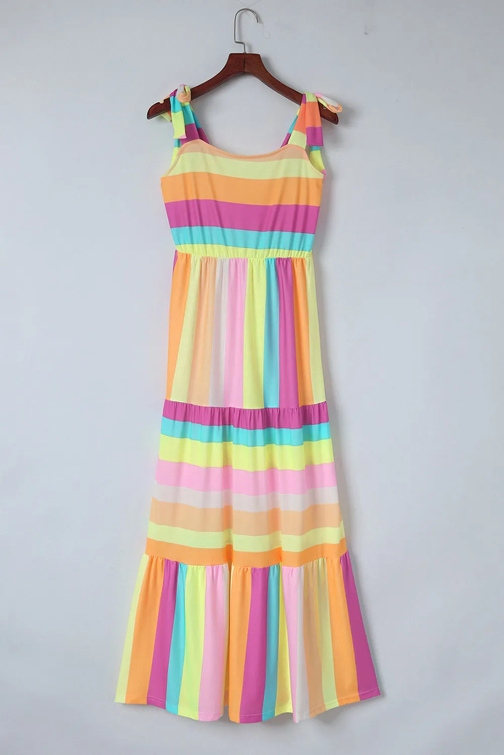 Multicolor Color Block Striped Bow Knot Straps Maxi Dress