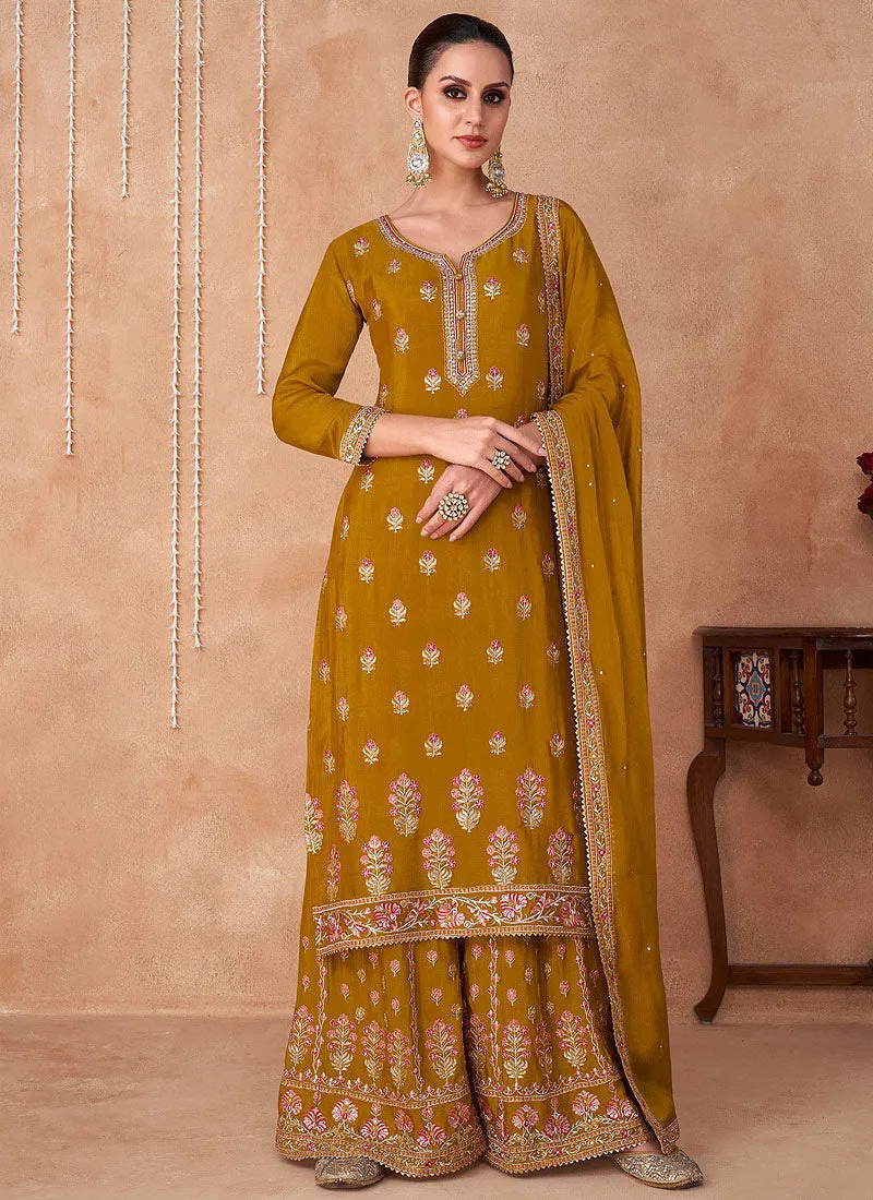Mustard Yellow Multi Embroidery Traditional Palazzo Suit