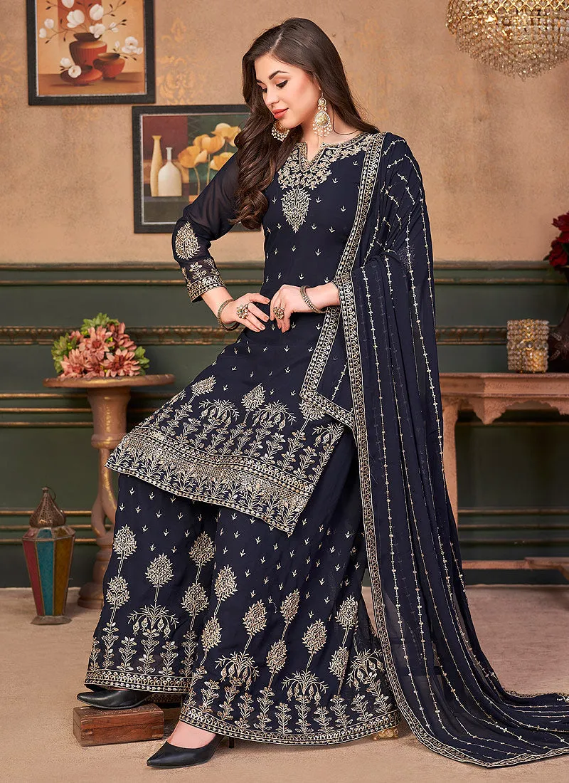 Navy Blue Embroidered Festive Wear Palazzo Suit
