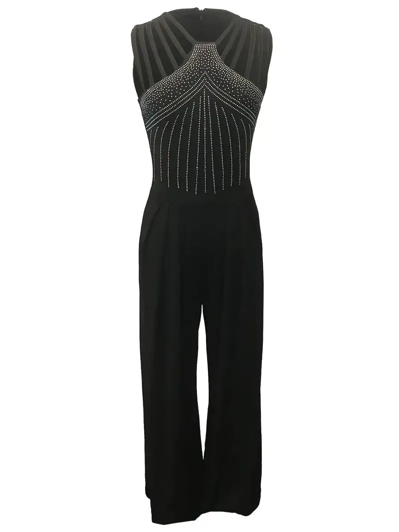 NEW Glitter Rhinestone Criss Cross Jumpsuit, Elegant Wide Leg Sleeveless Tank Jumpsuit For Spring & Summer, Women's Clothing, Black, Sz L, Retails $91