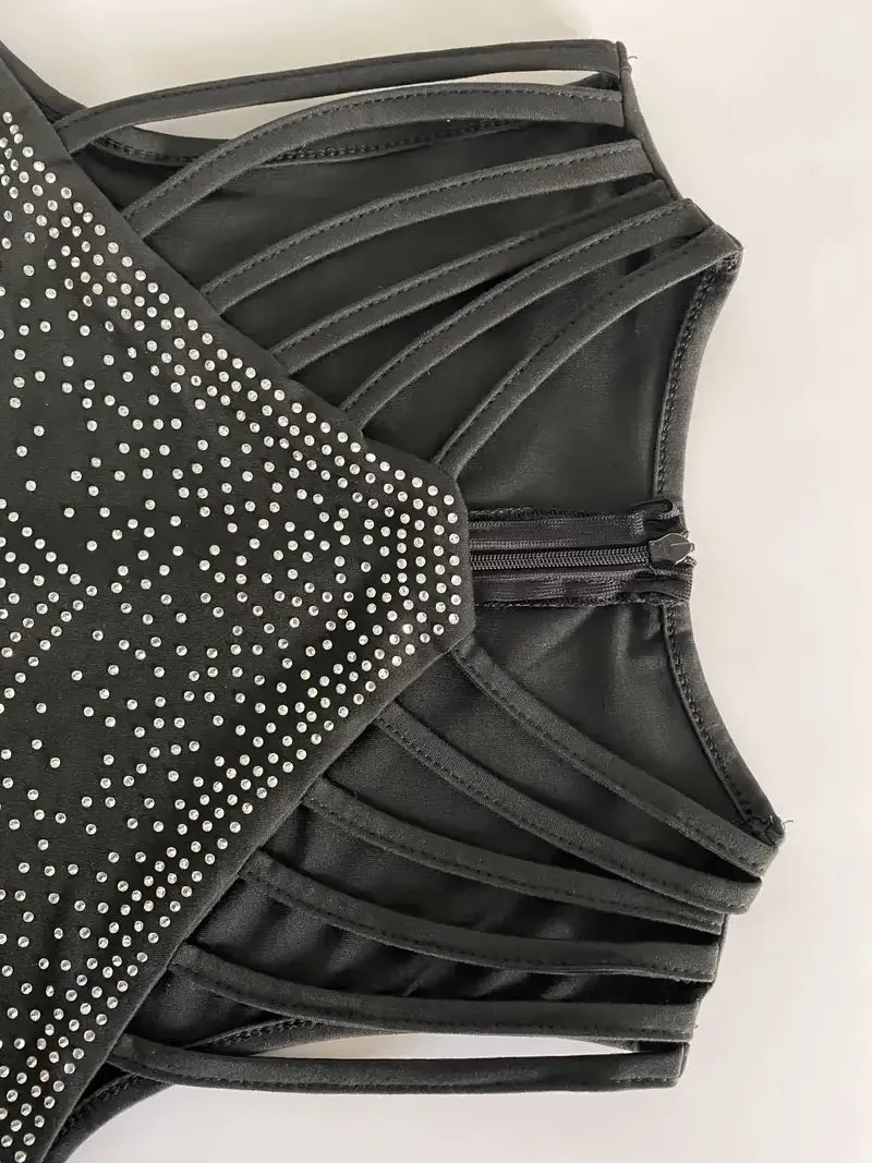 NEW Glitter Rhinestone Criss Cross Jumpsuit, Elegant Wide Leg Sleeveless Tank Jumpsuit For Spring & Summer, Women's Clothing, Black, Sz L, Retails $91