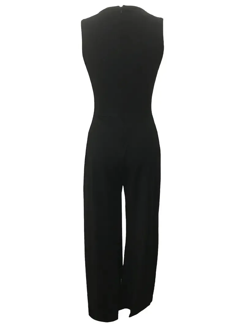 NEW Glitter Rhinestone Criss Cross Jumpsuit, Elegant Wide Leg Sleeveless Tank Jumpsuit For Spring & Summer, Women's Clothing, Black, Sz L, Retails $91