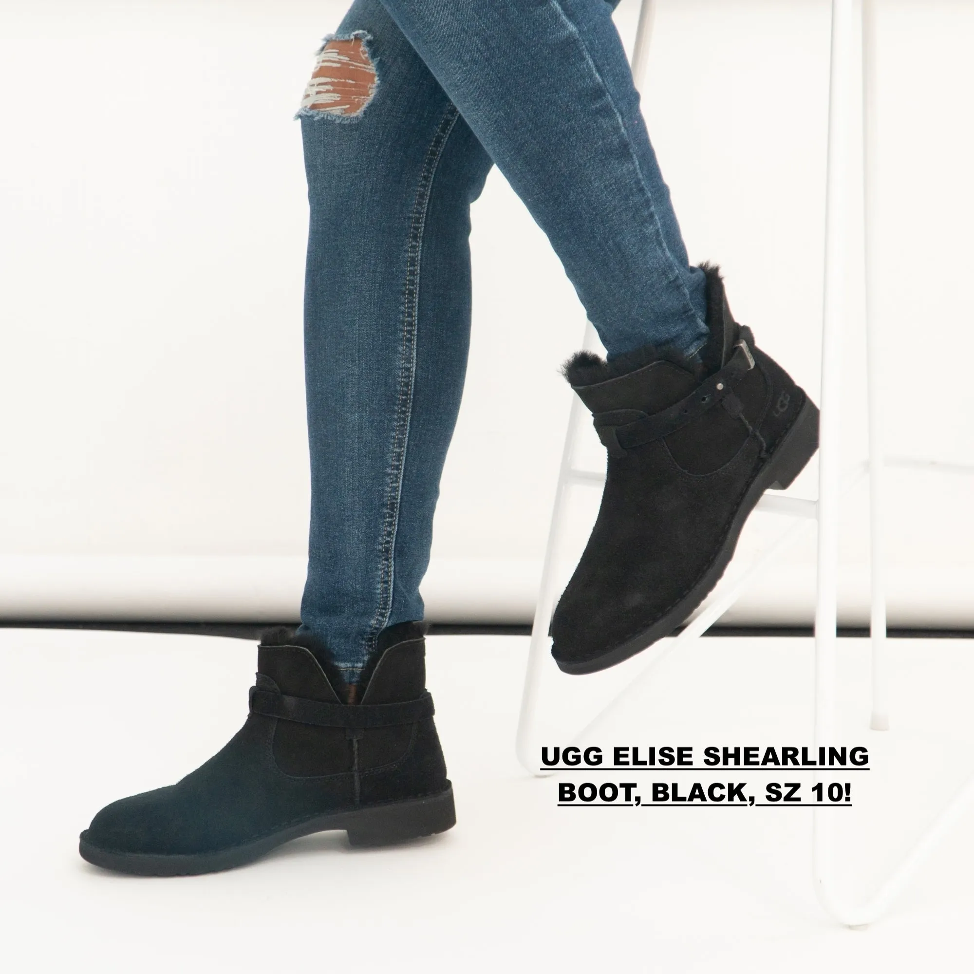 New Nordstrom Women's Authentic Elisa Genuine Shearling Bootie UGG®, Black, Sz 10!