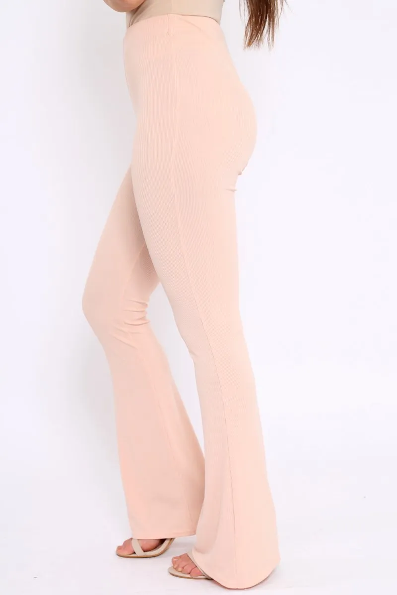 Nude Ribbed Kick Flare Trousers - Chlo