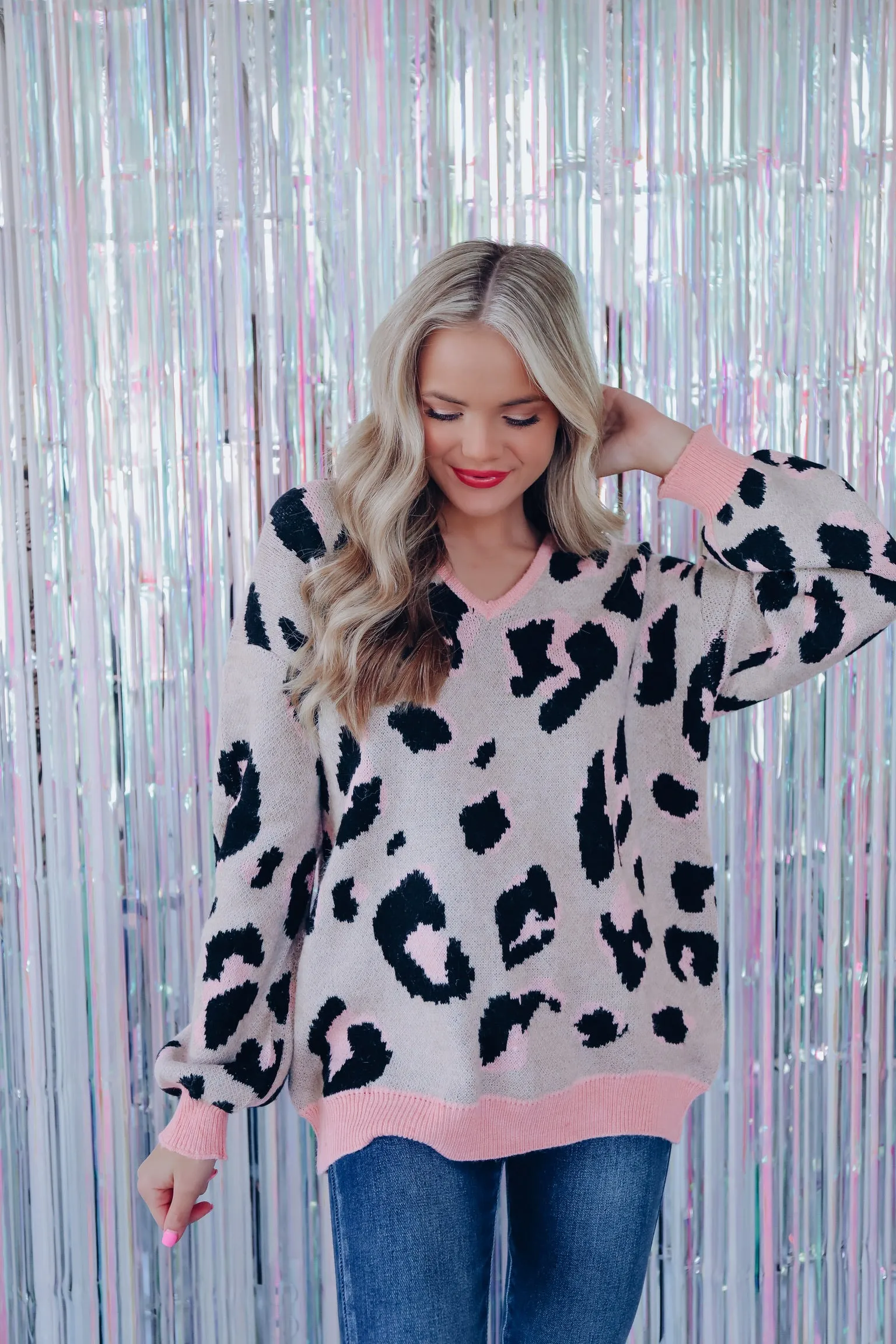 Nukini Leopard Print V-Neck Sweater - Sand/Pink