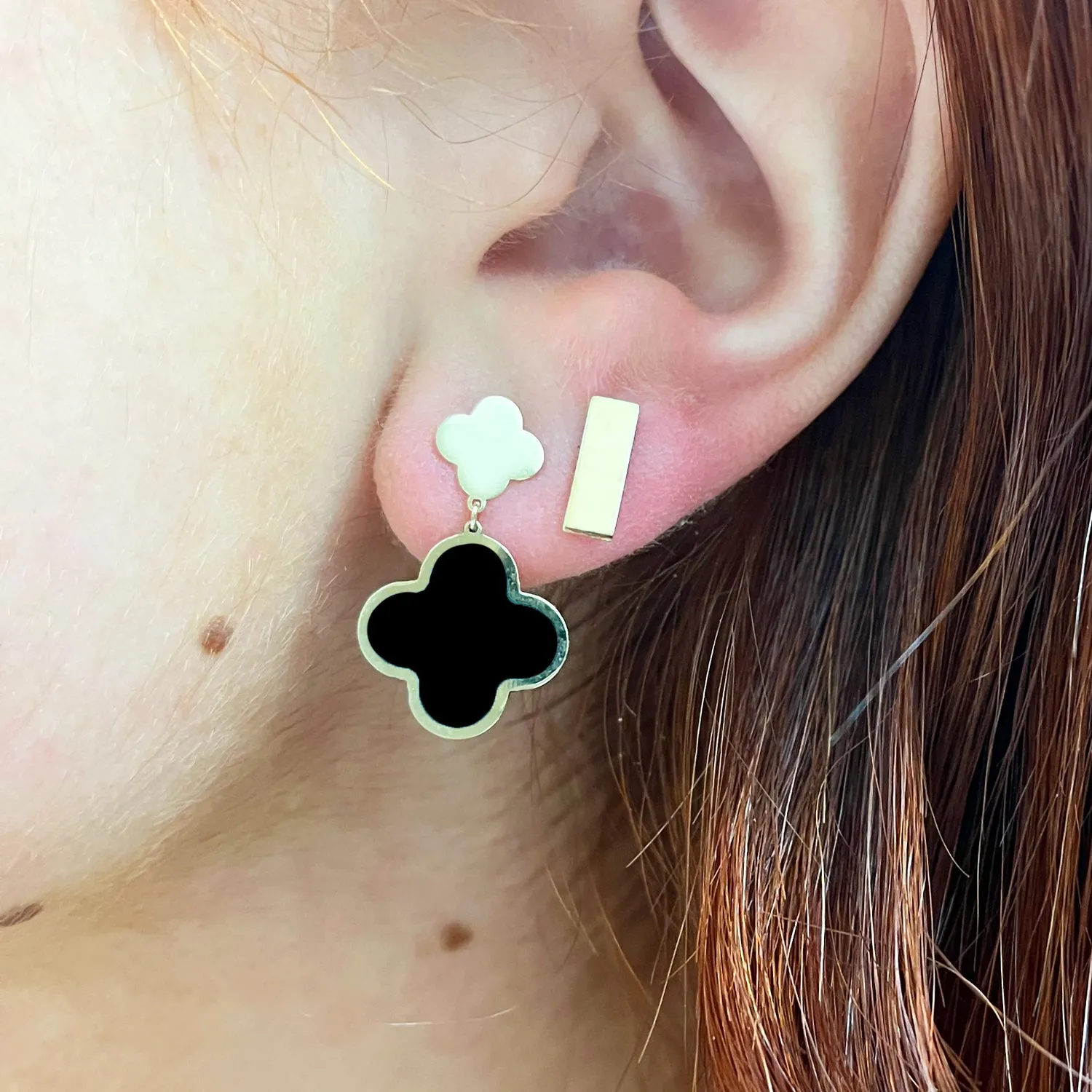 Onyx and Gold Clover Drop Earrings