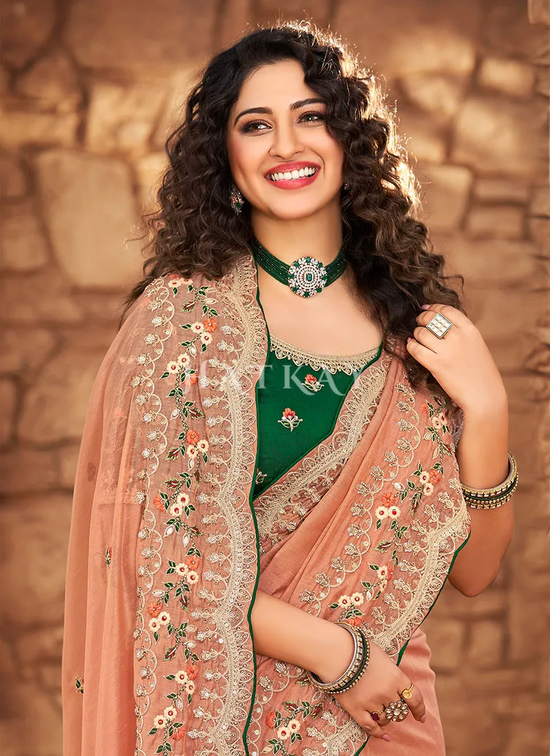 Orange And Green Multi Embroidered Partywear Saree