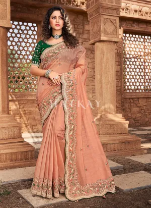 Orange And Green Multi Embroidered Partywear Saree