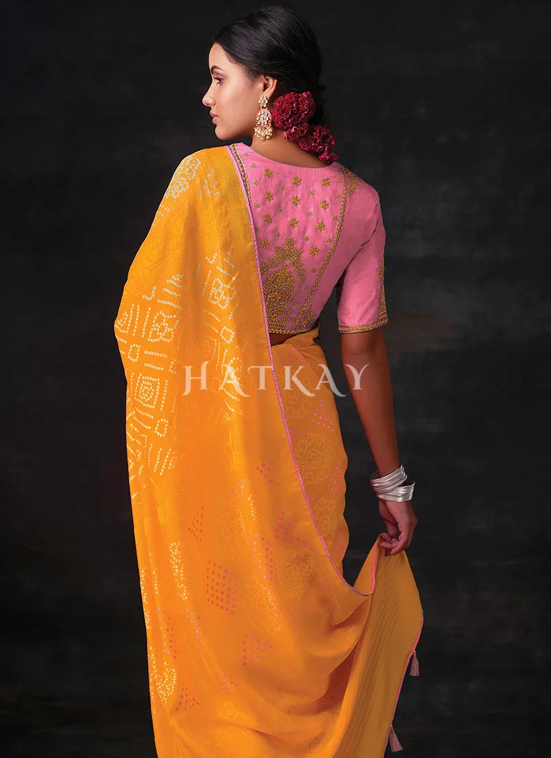 Orange And Pink Embroidered Festive Saree