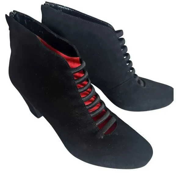 Pas de Rouge Bootie Black Suede Heels Made In Italy Sz 37 Whimsygoth Mob Wife LN