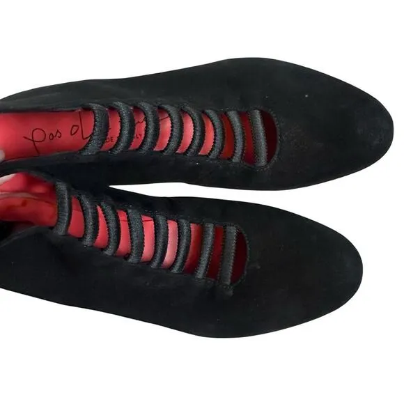 Pas de Rouge Bootie Black Suede Heels Made In Italy Sz 37 Whimsygoth Mob Wife LN