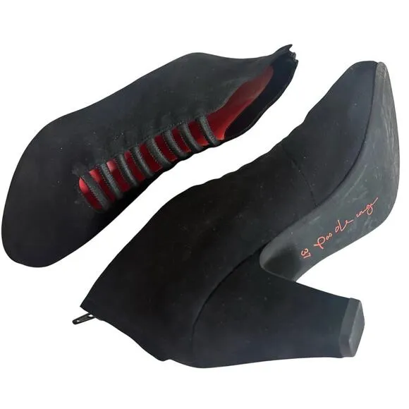 Pas de Rouge Bootie Black Suede Heels Made In Italy Sz 37 Whimsygoth Mob Wife LN