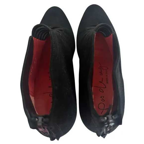 Pas de Rouge Bootie Black Suede Heels Made In Italy Sz 37 Whimsygoth Mob Wife LN