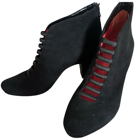 Pas de Rouge Bootie Black Suede Heels Made In Italy Sz 37 Whimsygoth Mob Wife LN