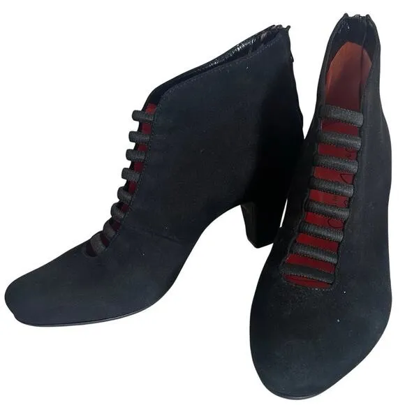Pas de Rouge Bootie Black Suede Heels Made In Italy Sz 37 Whimsygoth Mob Wife LN