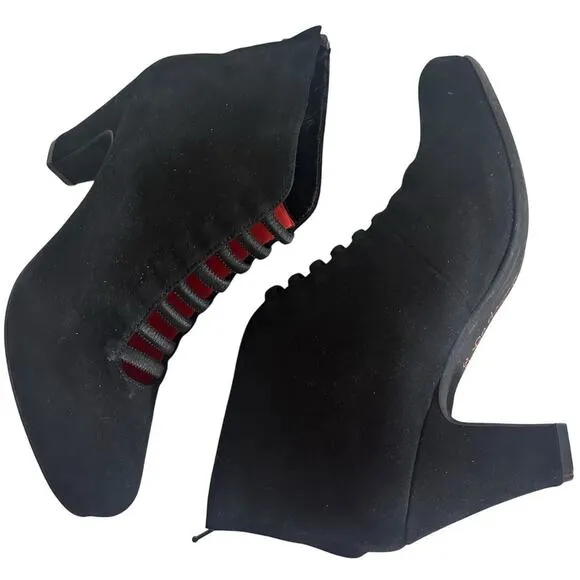 Pas de Rouge Bootie Black Suede Heels Made In Italy Sz 37 Whimsygoth Mob Wife LN