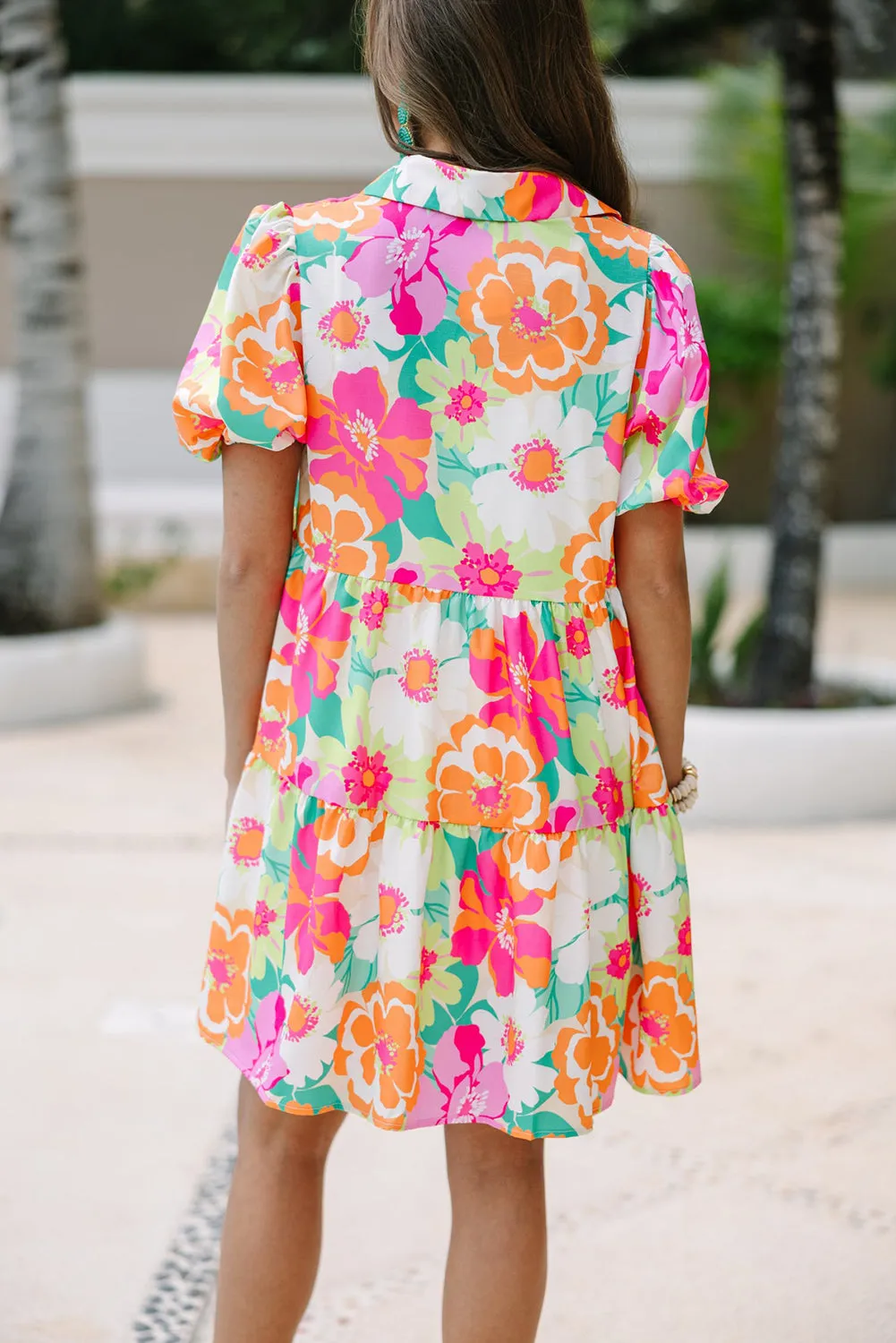 Pink Floral Puff Sleeve Collar Buttoned Plus Babydoll Dress