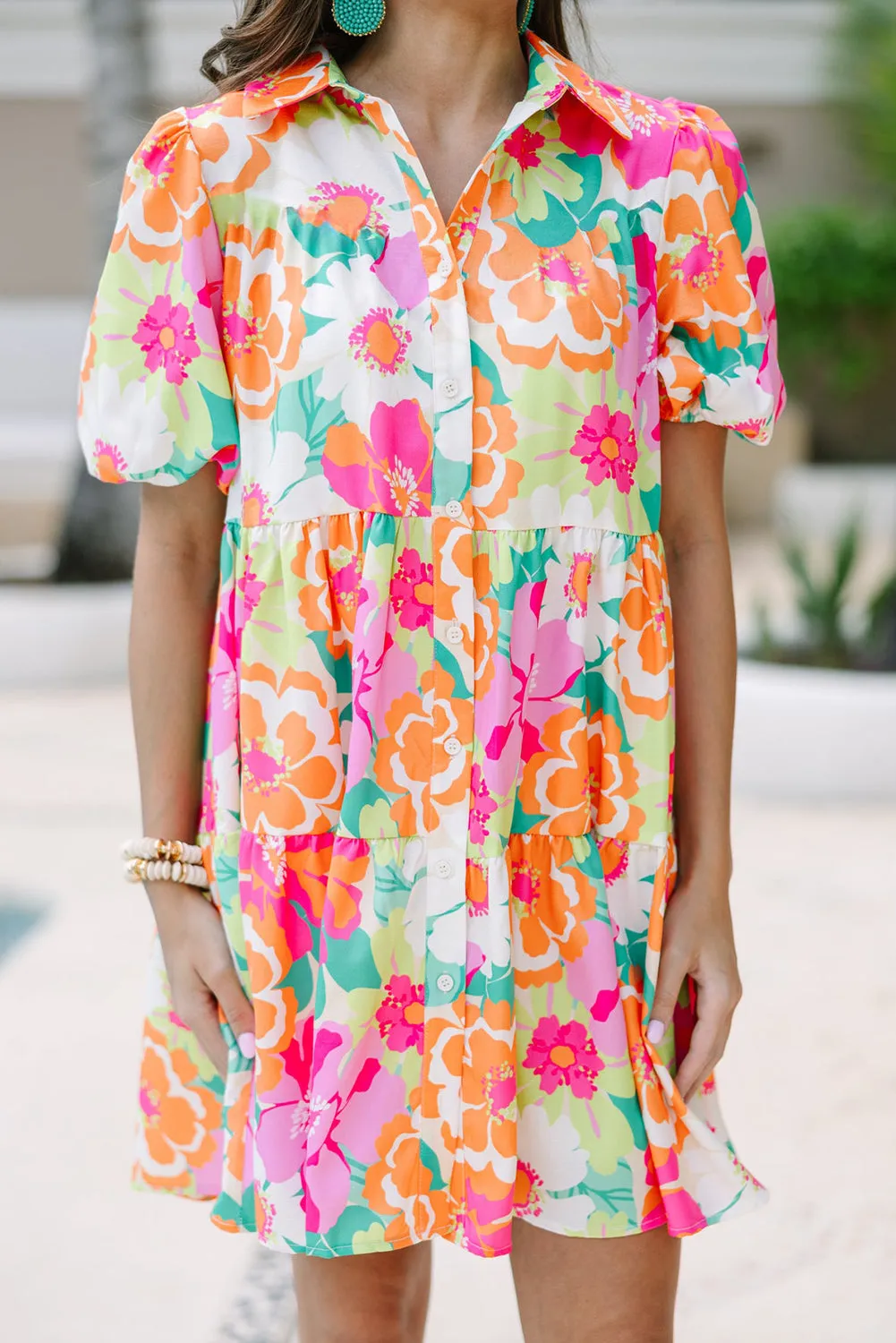 Pink Floral Puff Sleeve Collar Buttoned Plus Babydoll Dress