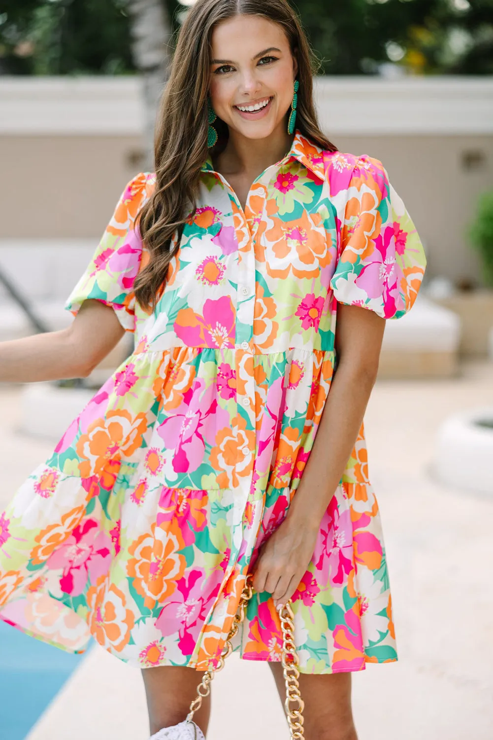 Pink Floral Puff Sleeve Collar Buttoned Plus Babydoll Dress