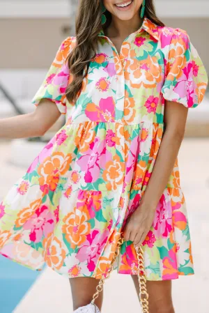 Pink Floral Puff Sleeve Collar Buttoned Plus Babydoll Dress