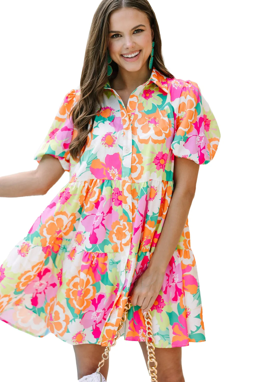 Pink Floral Puff Sleeve Collar Buttoned Plus Babydoll Dress