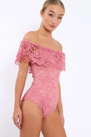 Pink Lace Bardot Bodysuit - Rae