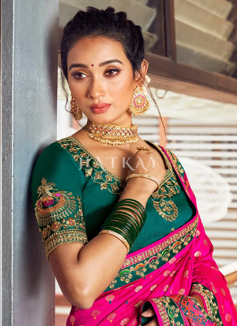 Pink Multi Embroidered Traditional Silk Saree