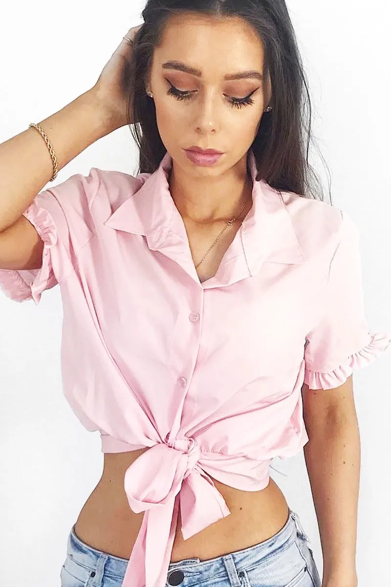 Pink Ruffle Sleeve Tie Front Shirt - Mariana