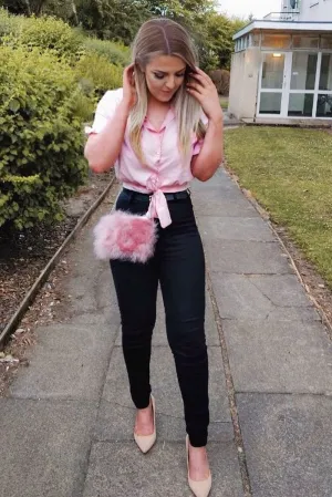 Pink Ruffle Sleeve Tie Front Shirt - Mariana