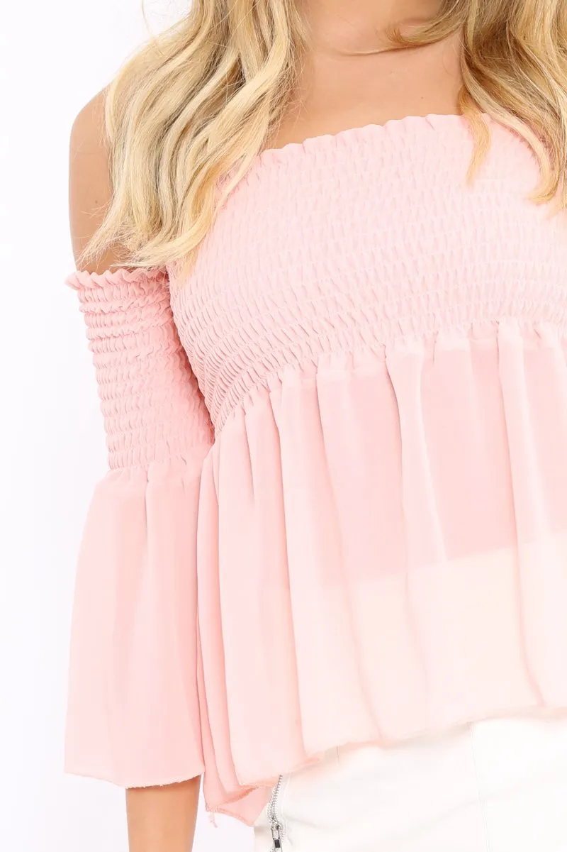 Pink Shirred Chiffon Bardot Top - Libbie