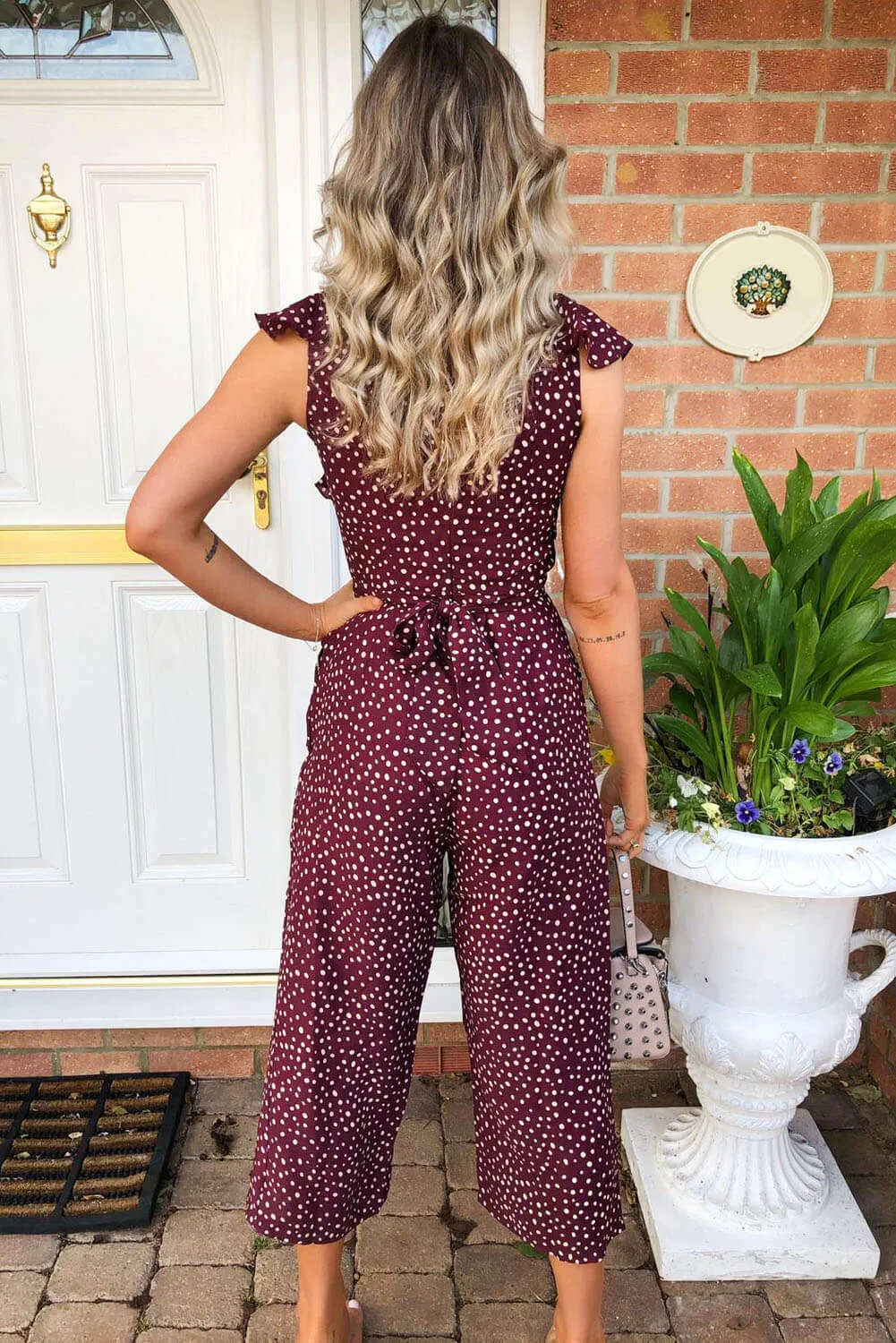 Plum Polka Dot Frill Front Jumpsuit