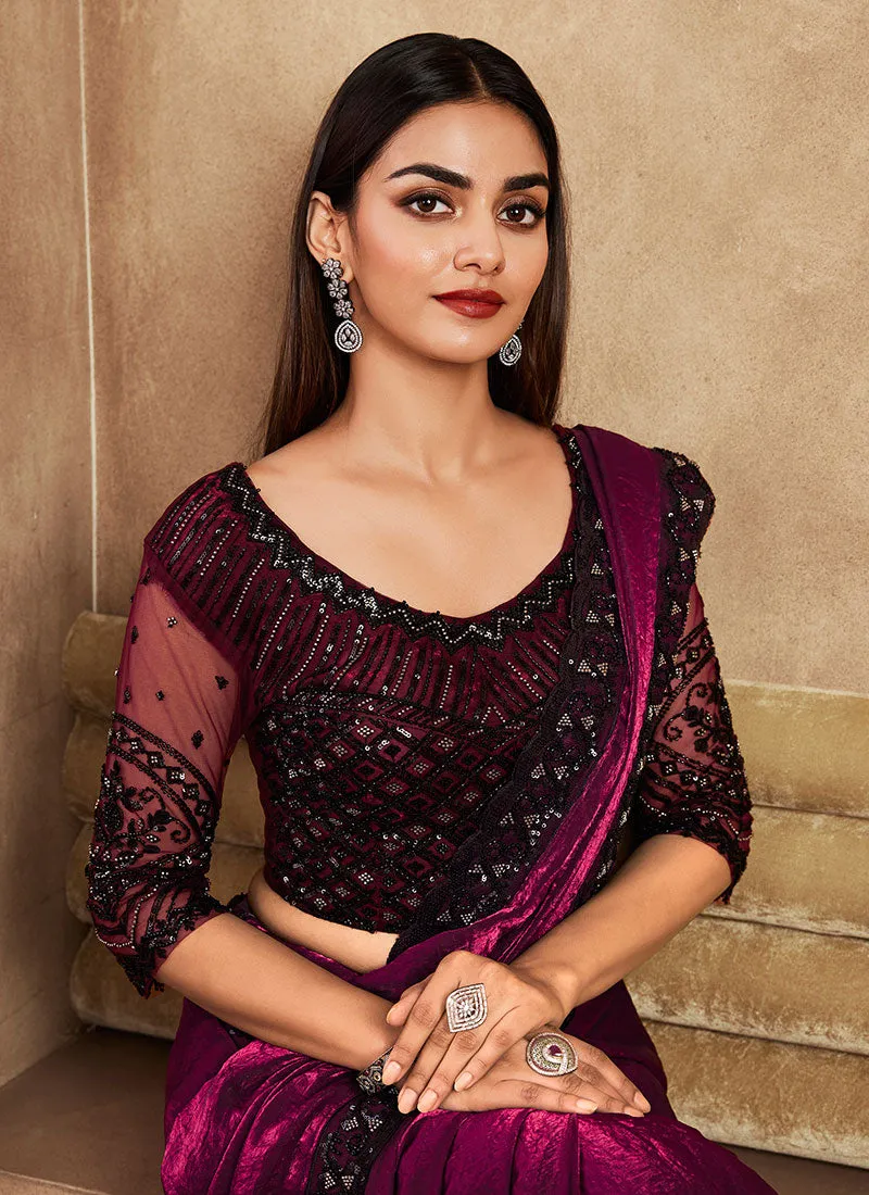 Plum Purple Sequence Wedding Silk Saree