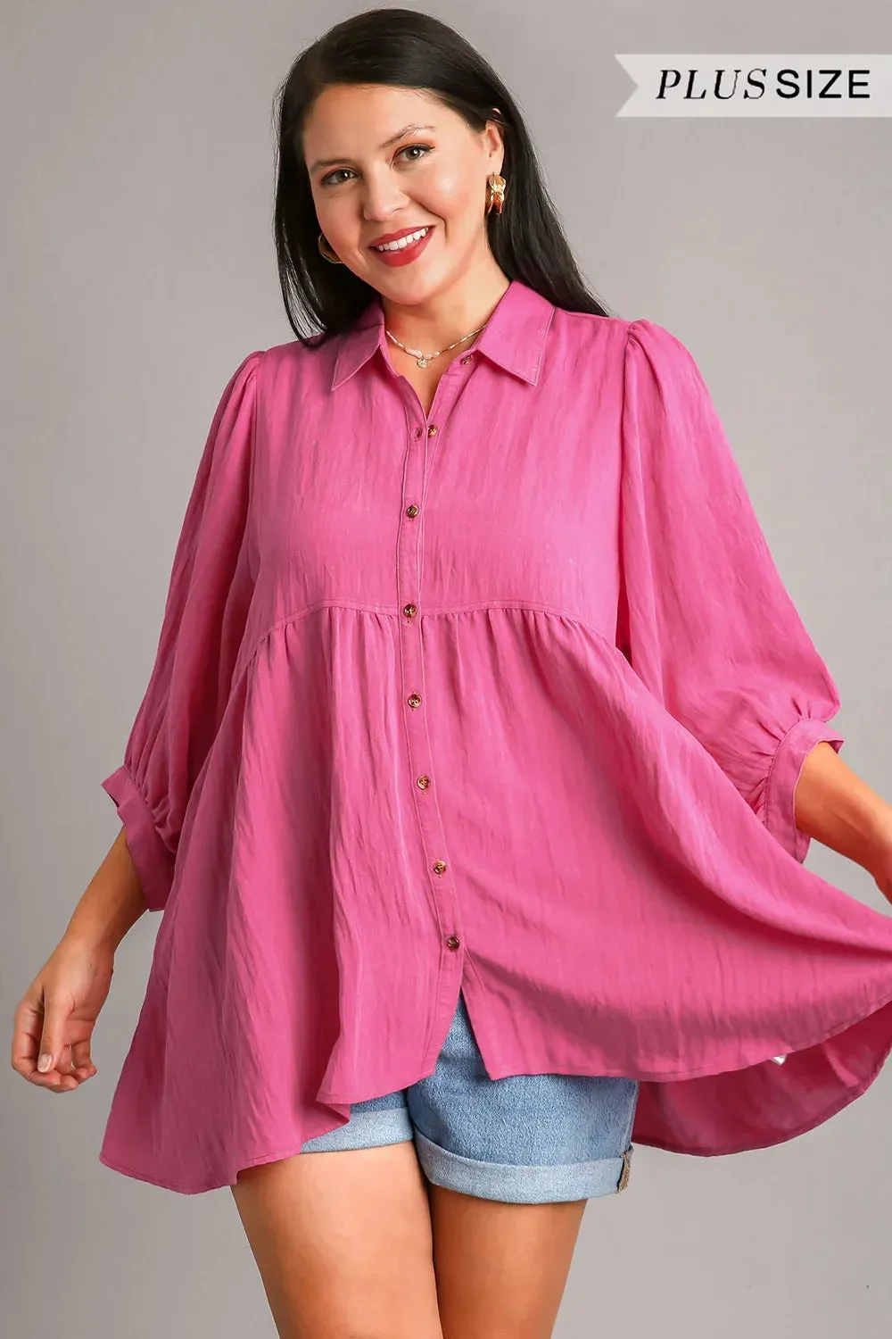 Plus Size Snow Wash Button Down Tiered Tunic Top