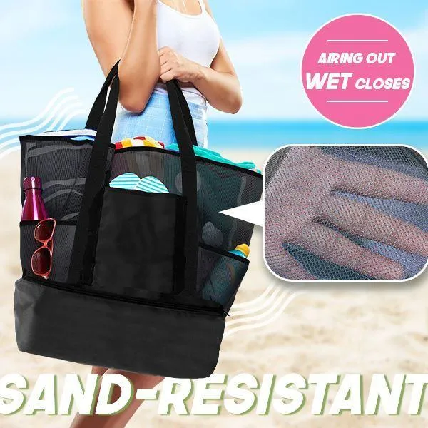 Portable 2 Compartments Insulated Cooler Bag Mesh Tote Picnic Beach Pool Parks BBQ Camping Travel