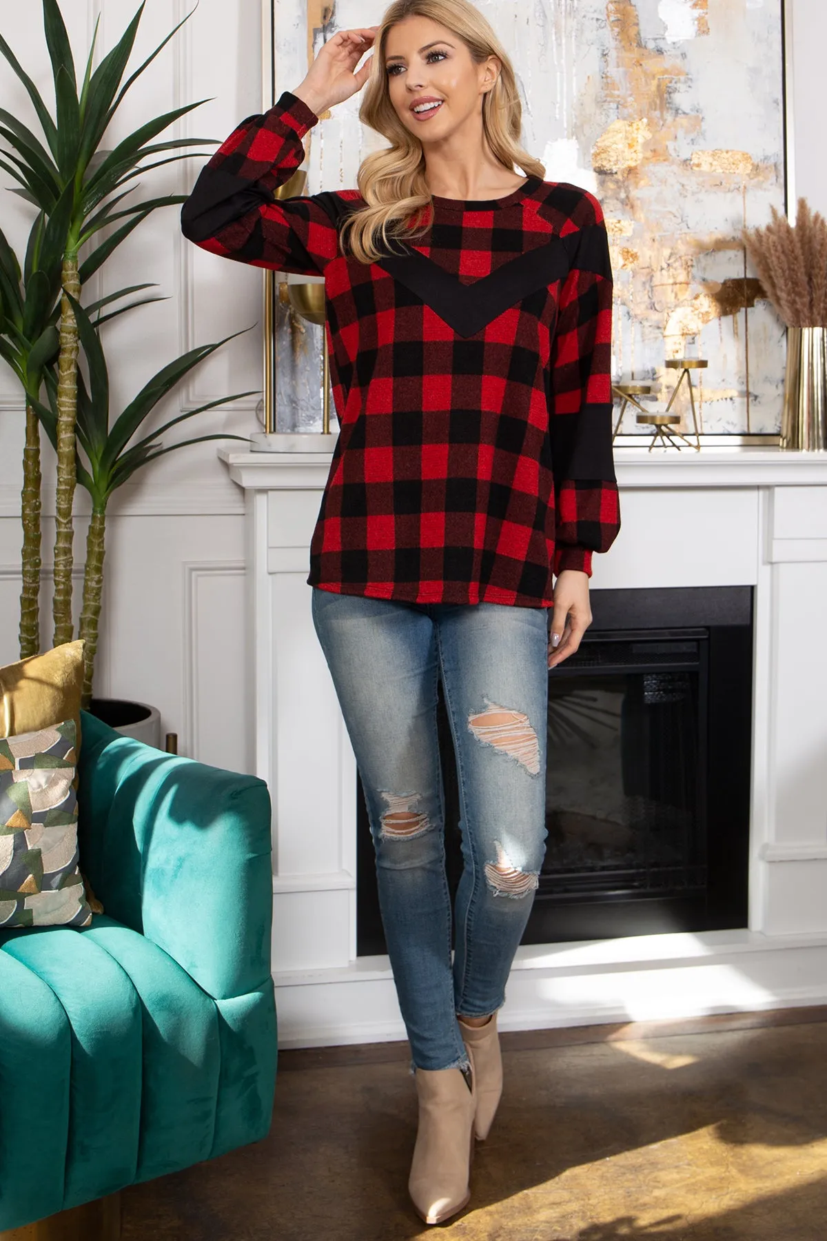 Puff Sleeve Contrast Print Top